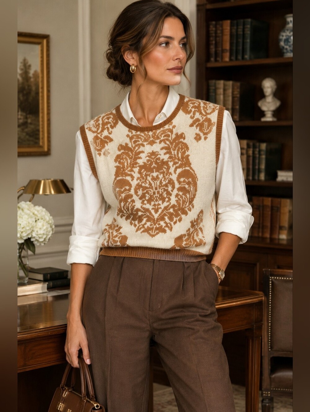 Vintage Damask Jacquard Sweater Vest Cream Brown Floral Academia Quiet Luxury